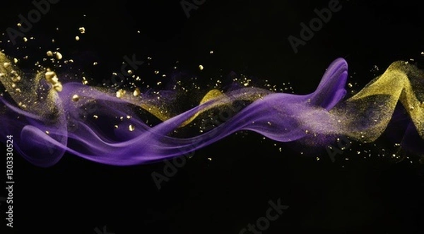 Obraz A dynamic swirl of purple and gold powder against a black background, creating an abstract and ethereal effect with sparkling particles.