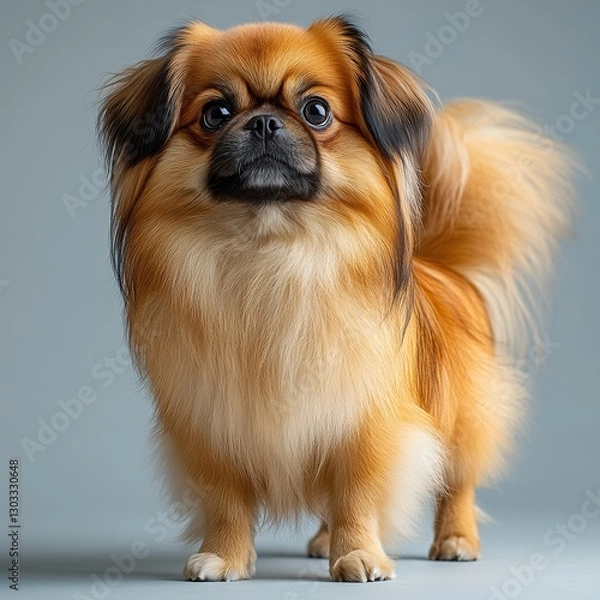 Fototapeta A fluffy orange dog stands confidently against a gray background, showcasing its large eyes and elegant fur.