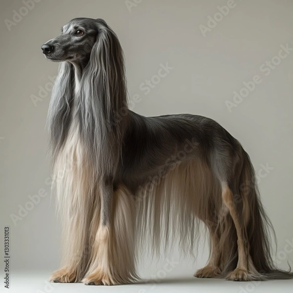 Fototapeta A majestic Afghan Hound stands elegantly with long, flowing fur, showcasing its distinctive coat and regal posture against a neutral background.
