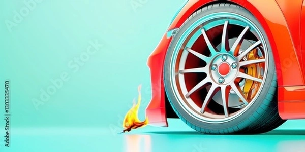 Fototapeta Stylish red sports car with vibrant flames near a tire.