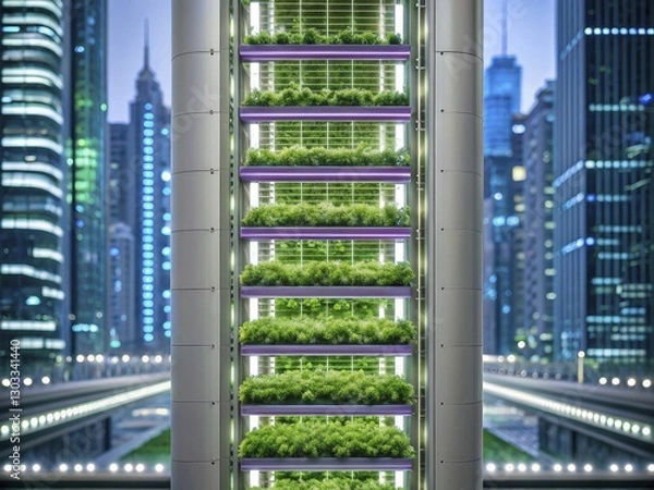 Obraz A cross-section view of a vertical farm tower, showing multiple levels of plants under LED lights, with a futuristic city backdrop
