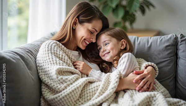 Fototapeta Mother and daughter smiling warmly while cuddling under a cozy blanket on a couch