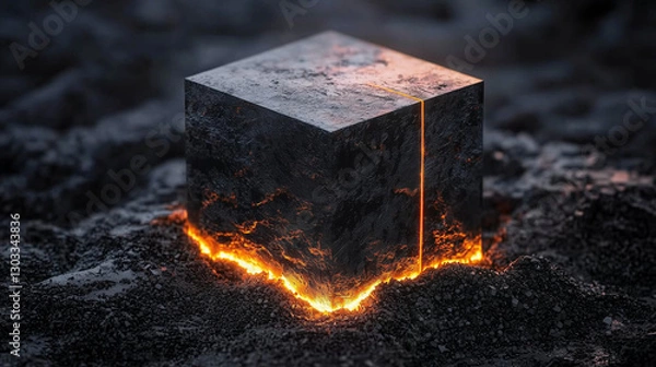 Obraz Mysterious glowing cube with molten cracks on a dark volcanic surface, emitting an intense fiery glow in a surreal environment