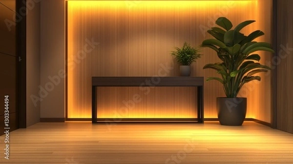 Obraz Modern interior hallway featuring a wooden wall, illuminated accents, and a decorative plant
