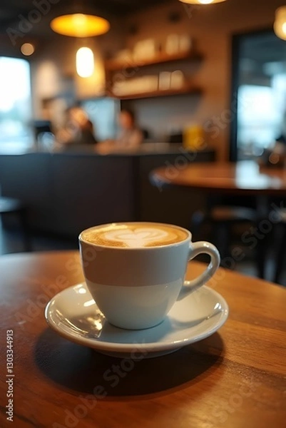 Obraz A cup of hot coffee on wood table with blurred cafe background. Morning refreshment. Coffee menu