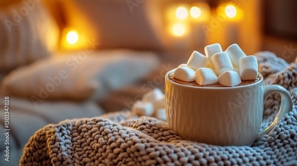 Fototapeta Marshmallow-topped hot cocoa in a mug on a cozy blanket, lit by soft lights