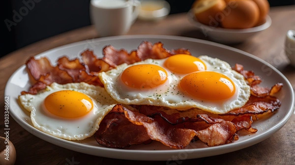 Fototapeta A delicious plate of bacon and eggs is ready to be enjoyed as a hearty and savory breakfast.