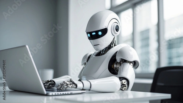 Fototapeta In a bright office, a modern robot attentively uses a laptop, embodying artificial intelligence.