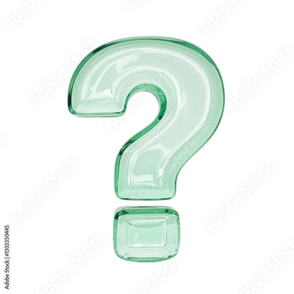 Fototapeta A stunning 3D glass question mark in light green radiating realism with captivating reflections on a white backdrop