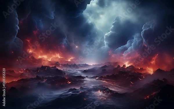 Fototapeta A dramatic, surreal landscape filled with dark clouds, glowing embers, and turbulent waters under a mystical sky.