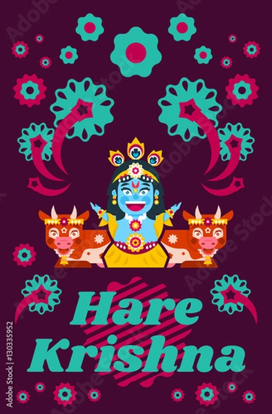 Fototapeta Creative poster illustration on Hare Krishna. Lord Krishna sitting in cows environment. Decorations, holiday, lotus posture, meditation, animal, peacock tail. Fireworks, Flowers. Flat style