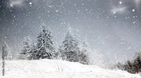 Obraz amazing winter sunrise through fog in the mountains