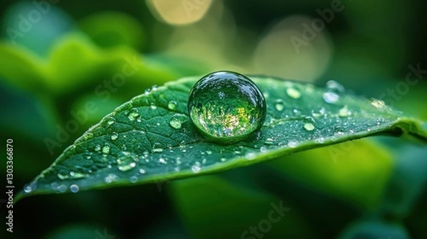 Obraz Enchanting Water Droplet on a Leaf Surface after Rain Showers in a Lush Green Environment Outdoors