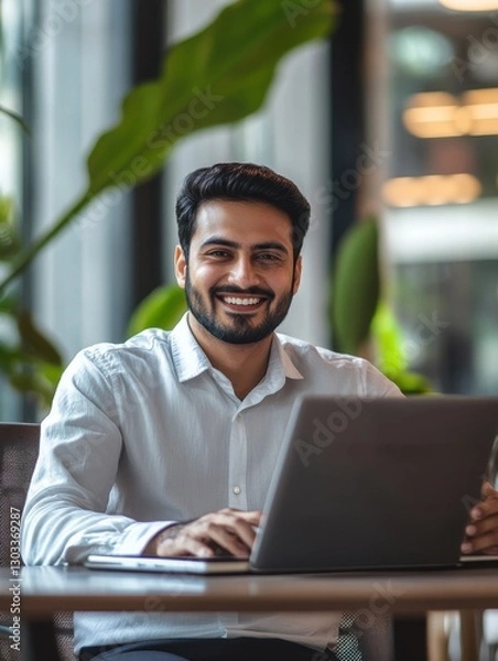 Fototapeta Smiling indian businessman working on laptop in modern office lobby space. Young indian student using computer remote studying, watching online webinar, zoom virtual training on video call meeting.