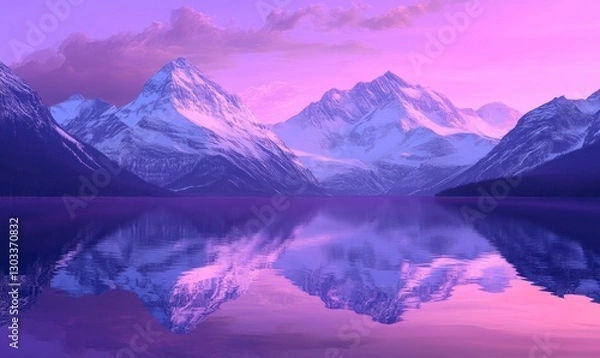 Fototapeta mountain landscape at dawn, with snow-capped peaks reflecting in the crystal-clear waters of Lake, as the sky transitions from purple to pink hues,