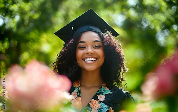 Obraz Joyful graduate celebrating achievement with a smile in a beautiful garden setting surrounded by blooming flowers.