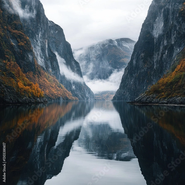 Obraz A scenic fjord surrounded by towering cliffs, reflections of the sky on calm waters, soft mist over the peaks, serene and high-resolution Nordic landscape photography. 