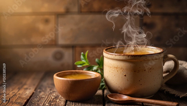 Fototapeta Steaming mug of broth in rustic kitchen, warmth and comfort