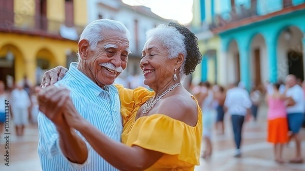 Obraz a joyful cuban couple showing their passion for salsa in a public square representing love culture music and latino rhythm through dance tradition and community connection