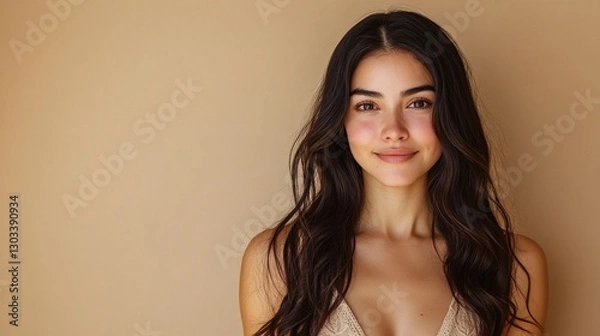 Obraz smiling latina woman in an elegant modern outfit showing confidence and charm on a beige background representing beauty trends and fashion for lifestyle magazines