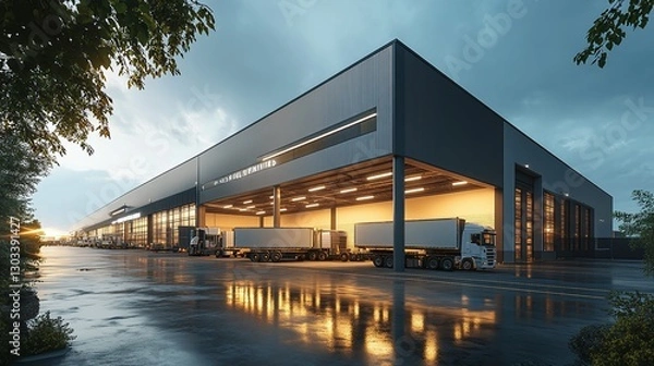 Obraz industrial warehouse and dock station rendered realistically with a commercial office building highlighting logistic operations transport hub and supply chain facility