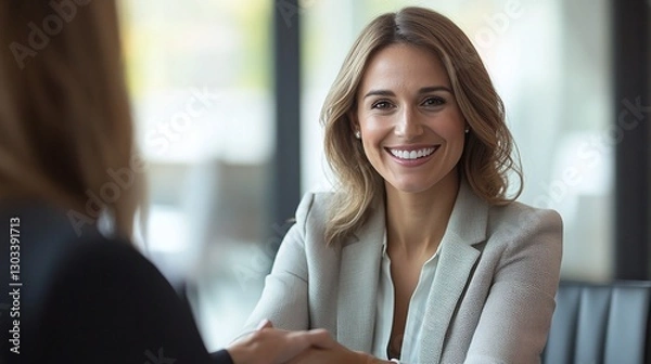 Obraz smiling female hr manager making a confident handshake with a job recruit during an office hiring process showing success in employee onboarding and agreement