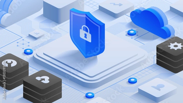 Obraz Cloud Encryption Shield. A shield with a lock over a cloud icon, illustrating cloud data encryption and security measures. Ideal for showcasing online protection and cybersecurity.