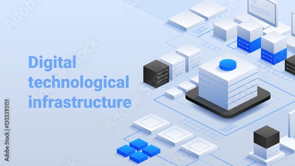 Obraz Digital Technological Infrastructure. Modern network connections and digital integration. Efficient data management. Blockchain technology. Vector isometric illustration