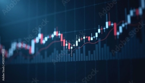 Fototapeta Professional candlestick chart on deep cobalt background illustrating market trends and analysis