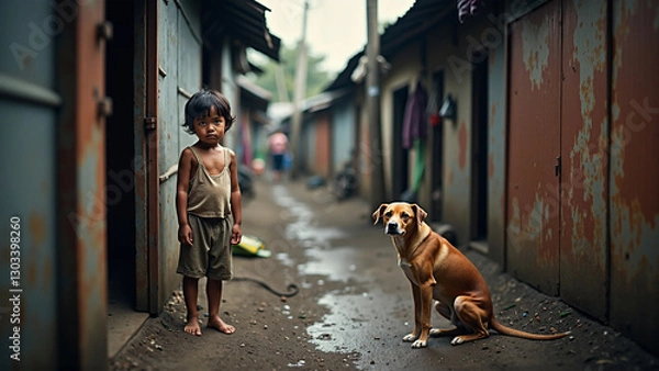 Obraz Life in the Slums of the Philippines: A Child and His Loyal Dog - Generative AI