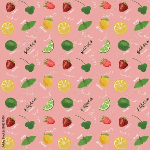 Obraz Fruits strawberry lemon lime basil mint lettering pink background pattern illustration 