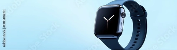 Fototapeta A sleek smartwatch with a blue strap against a light blue background.