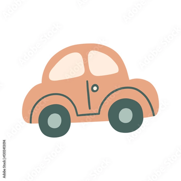 Fototapeta Bohemian baby car doodle. Simple childish boho pink toy for nursery, print, poster, card. Cartoon nordic illustration for children. Hand drawn illustration isolated on white background.