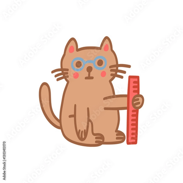 Fototapeta Cute cat doodle style. Simple character with glasses and a ruler for card, print, banner, poster, template. Cartoon illustration for children. Hand drawn illustration isolated on white background.