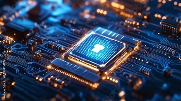 Fototapeta advanced cybersecurity concept with locked blue circuit board effect representing digital encryption firewall network safety and hacking prevention in technology