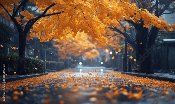 Fototapeta Autumn leaves create a golden carpet on a quiet street in the rain