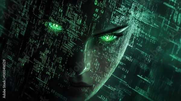 Fototapeta A digital artwork portraying a mysterious figure with glowing green eyes, surrounded by streams of binary code, symbolizing the intersection of humanity and technology.