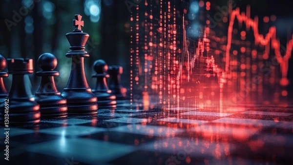 Fototapeta Chess Pieces on Checkerboard Facing Volatile Red Stock Market Graph Conceptual Business Strategy