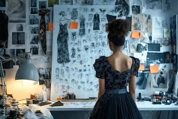 Fototapeta Fashion Designer Studio: Creative Workspace with Sketches, Illustrations, and Elegant Black Dress