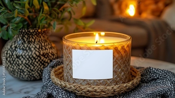 Obraz Cozy candle on table by fireplace