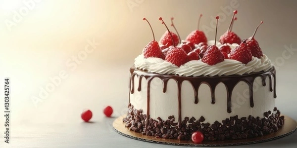 Fototapeta Delicious raspberry chocolate cake with whipped cream and cherries ready to serve