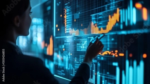 Fototapeta A businessperson sees their investments growing.  They're tracking profits and income using a holographic chart, showing positive growth.  This represents financial success.
