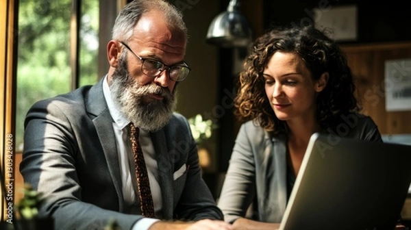 Fototapeta A man and woman, both office workers, discuss a software program on a laptop.
