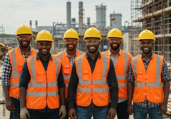 Obraz A group of six construction workers in safety gear standing at a construction site, smiling at the camera with industrial equipment and a clear blue sky in the background.

