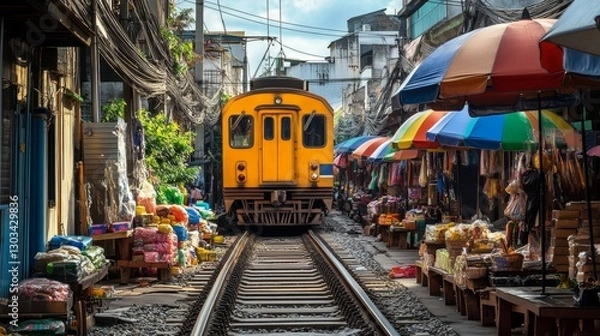 Obraz A train slowly moves through Bangkok's Maeklong Railway Market in November 2024.  Vendors sell goods from umbrellas along the tracks.
