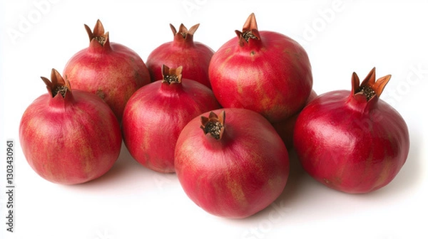 Fototapeta A  Pomegranate seeds scattered next to the fruit, placed on a clean white background


