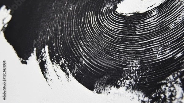 Fototapeta Close-up of black ink from a linocut print, showing the roller's texture on white paper.
