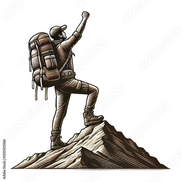 Fototapeta Engraved-style illustration of a hiker with backpack pointing forward