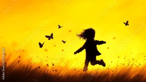 Fototapeta Child joyfully running through a vibrant field filled with butterflies under a golden sunset