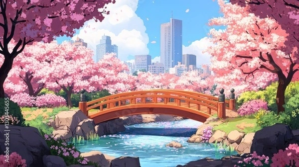 Obraz Spring Cherry Blossom Park Bridge Cityscape